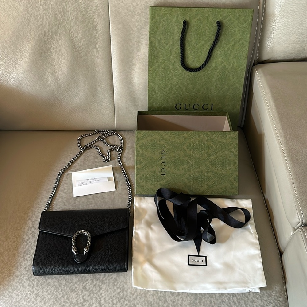 Dionysus Black Leather Gucci Chain Wallet Purse